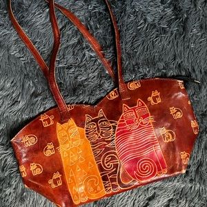 Cats embossed on red leather hand/shoulder bag